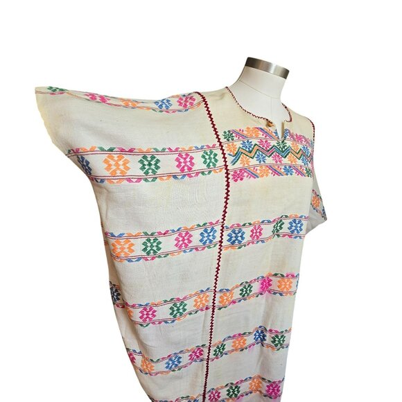 Handmade Guatemalan Huipil Multi-Color Embroidered Cotton Poncho Dress CM2052 - Picture 3 of 15